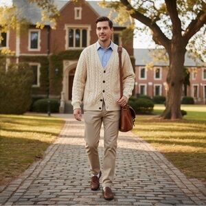 L.L.BEAN VINTAGE WOOL IRISH FISHERMANS CREAM CABLEKNIT CARDIGAN SZ XL XL-REG